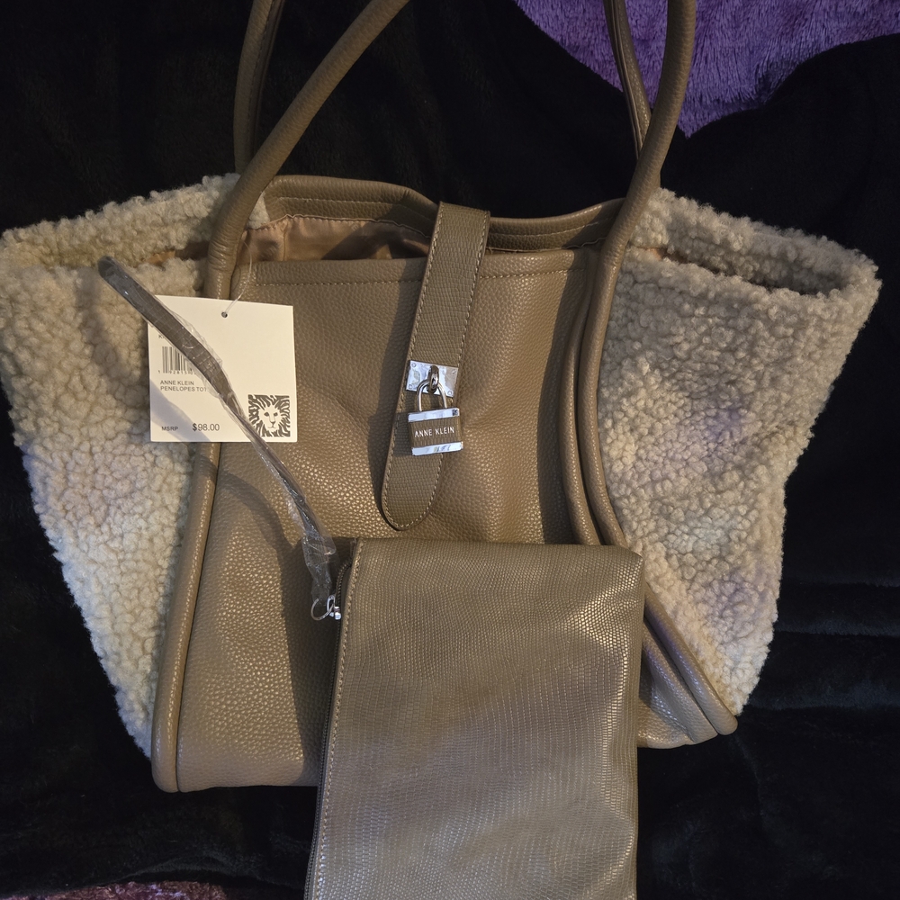 Anne Klein Beige Sherpa Tote With Wristlet